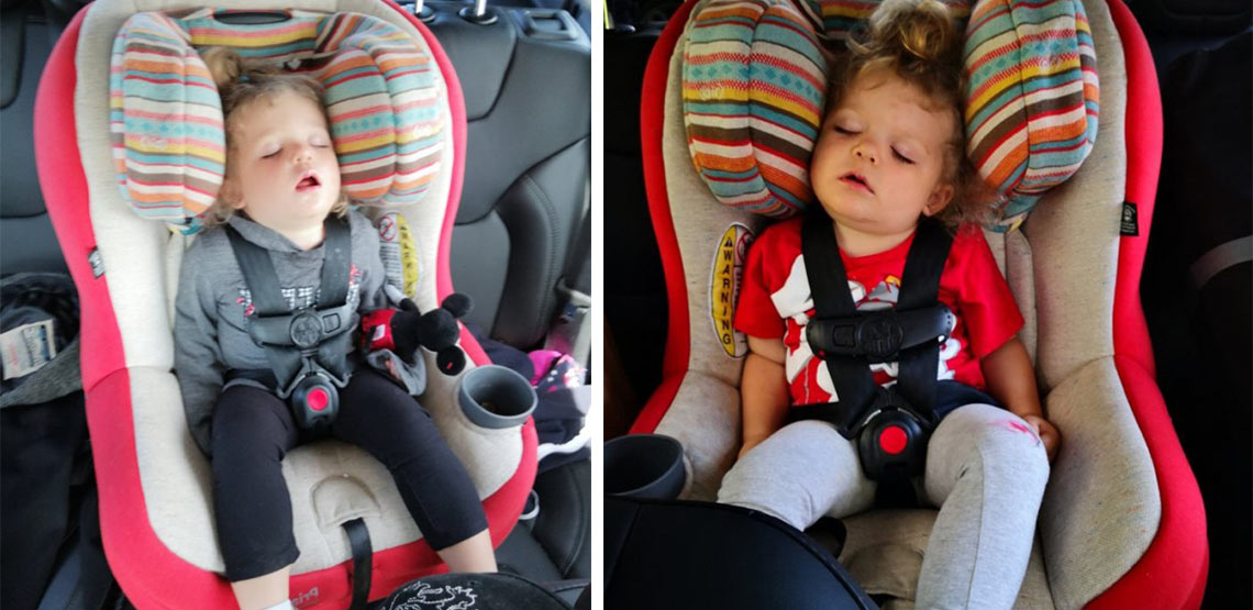 Two photos of little girl sleeping in car seat in backseat