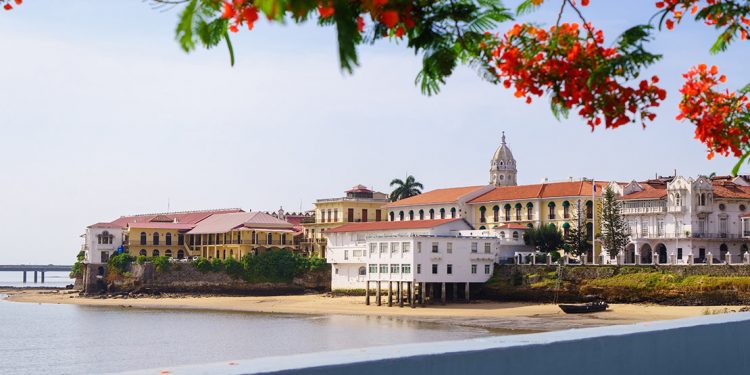 View of Spanish-looking buildings by the water