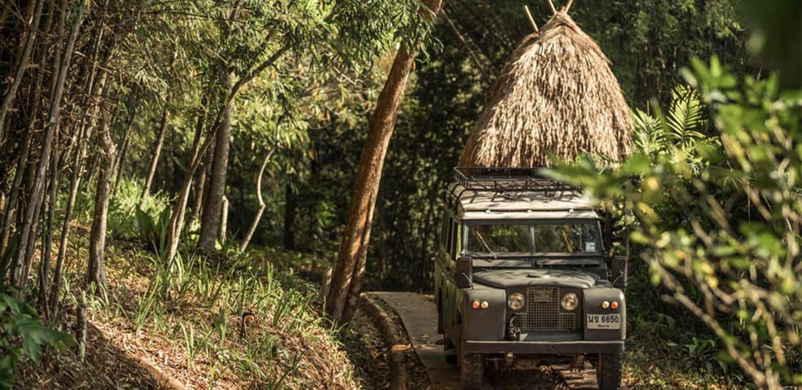 Jeep driving down road through the jungle