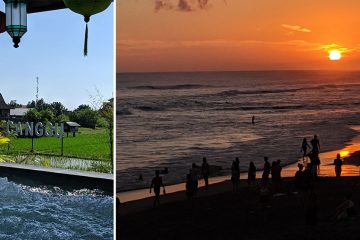 Sign reading "Canggu" and people walking on beach at sunset.