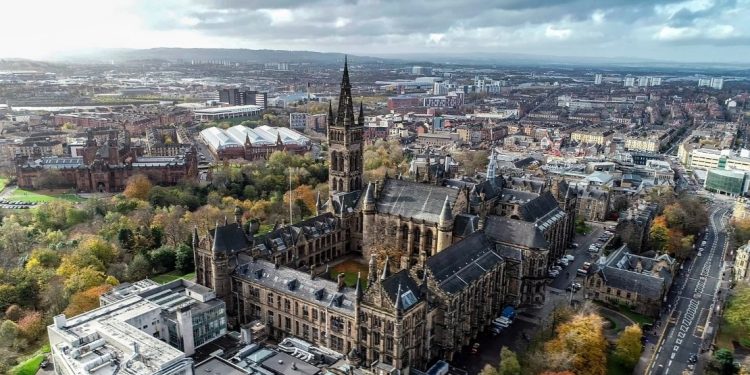 Aerial view of Glasgow with historic church