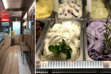 Left: interior of gelato counter. Right: Purple and white gelato