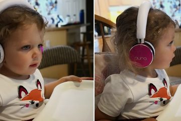 Two photos of little girl wearing headphones
