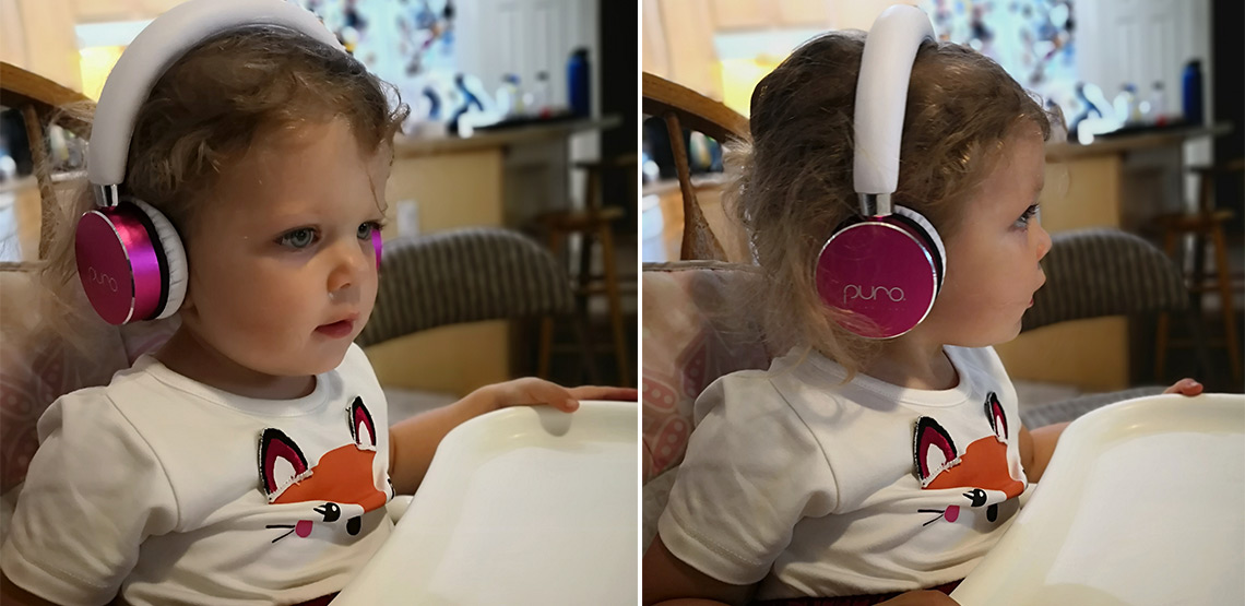 Two photos of little girl wearing headphones