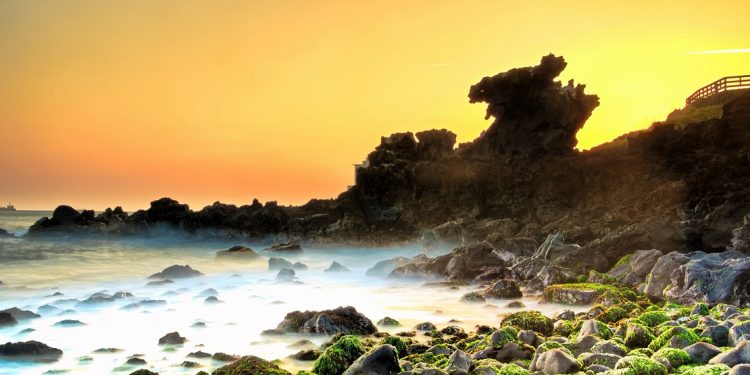 The sun rises behind craggy, volcanic rocks bordering a moss-covered seashore.