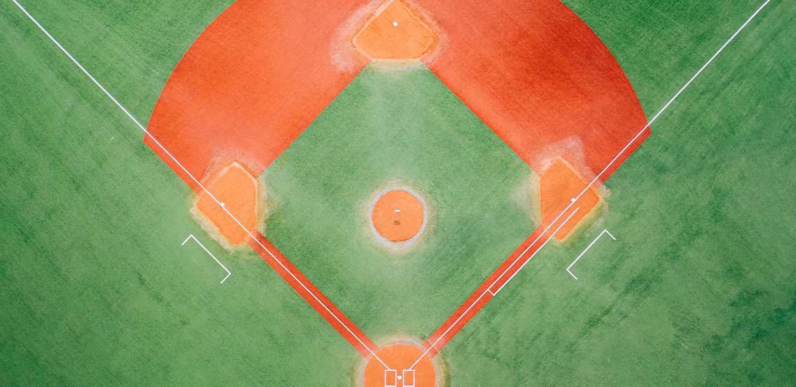 An overhead view of a baseball park.